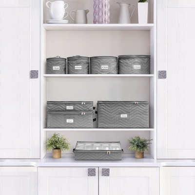 Gray Quilted Fabric Stackable Dinnerware Storage Cases Set