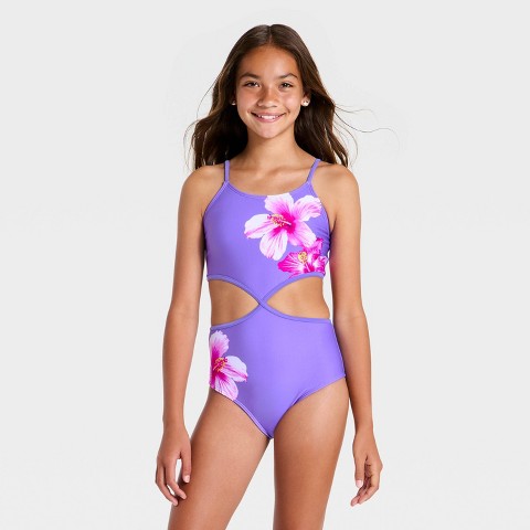 Art Class Girls' Hibiscus Cutout One Piece Swimsuit - art class™ Purple M