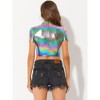 INSPIRE CHIC Women's Party Short Sleeve Mock Neck Holographic Metallic Crop Top - 3 of 4