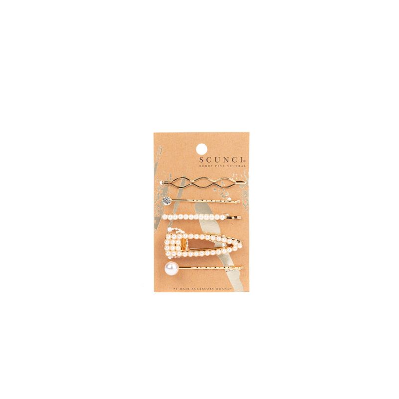 scunci Assorted Bobby Pins and Salon Clip - Gold Pearl - 5pk, 1 of 5