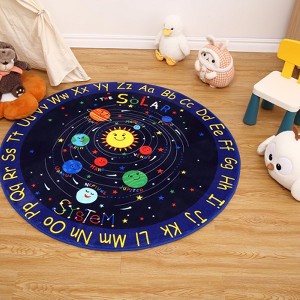 Kids Solar System Rug 4ft Round ¨C Non-Slip Outer Space Play Mat with ABC Alphabet, Ultra Soft Planet Carpet for Nursery, Playroom, Classroom ¨C Blue - 1 of 4