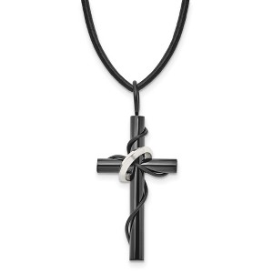 Black Bow Jewelry Black Plated Stainless Steel & Leather Cord Cross Necklace, 20 Inch - 1 of 4