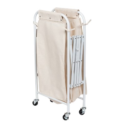 White Canvas Collapsible Triple Laundry Sorter with Wheels