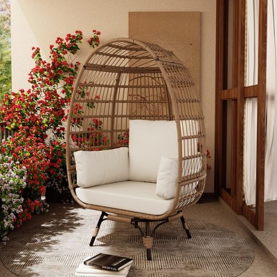 homfan Egg Chair Wicker Outdoor Chairs, Oversize Patio Chair Rattan Lounger Chair w/ 4 Cushions & Steel Frame Stand for Indoor Outdoor Patio Backyard