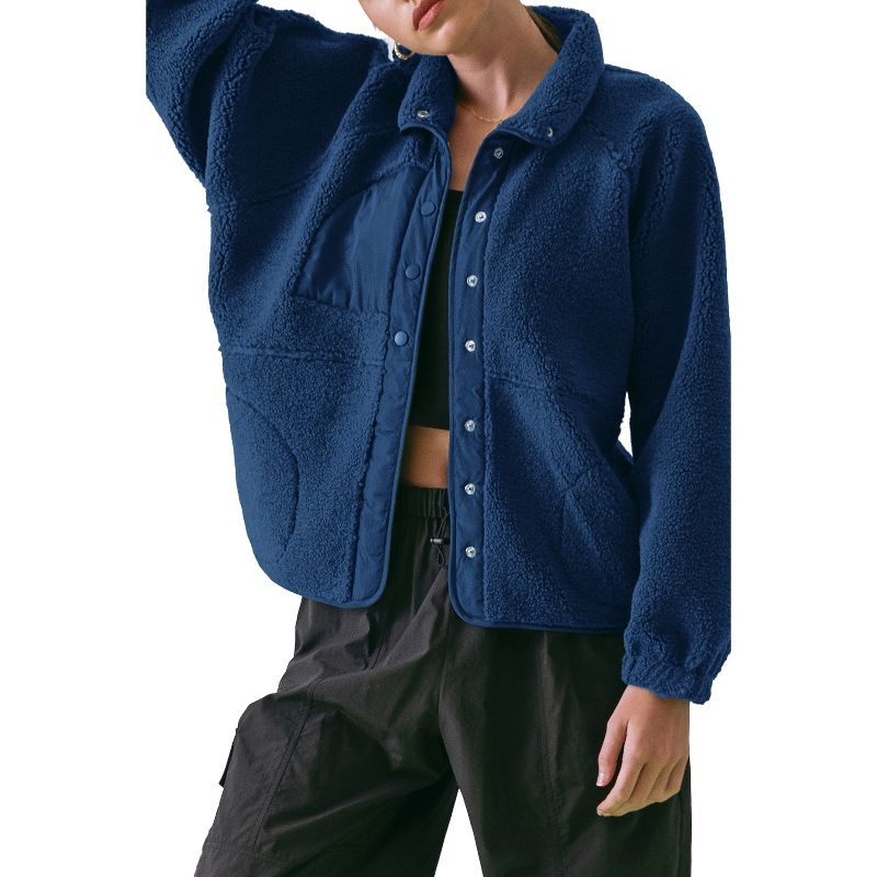 August Sky Women's Solid Snap Button Fleece Jacket, 1 of 5