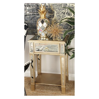 Beige Mirrored Fir Wood Accent Table with Storage