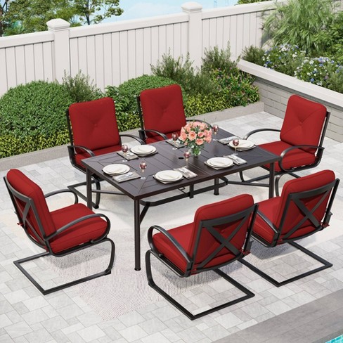 7pc Outdoor Dining Set With C Spring Motion Chairs Metal Table With Umbrella Hole Red Captiva Designs Weather resistant Patio Set Target