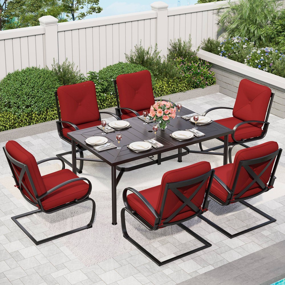 Photos - Garden Furniture 7pc Outdoor Dining Set with C Spring Motion Chairs & Metal Table with Umbr