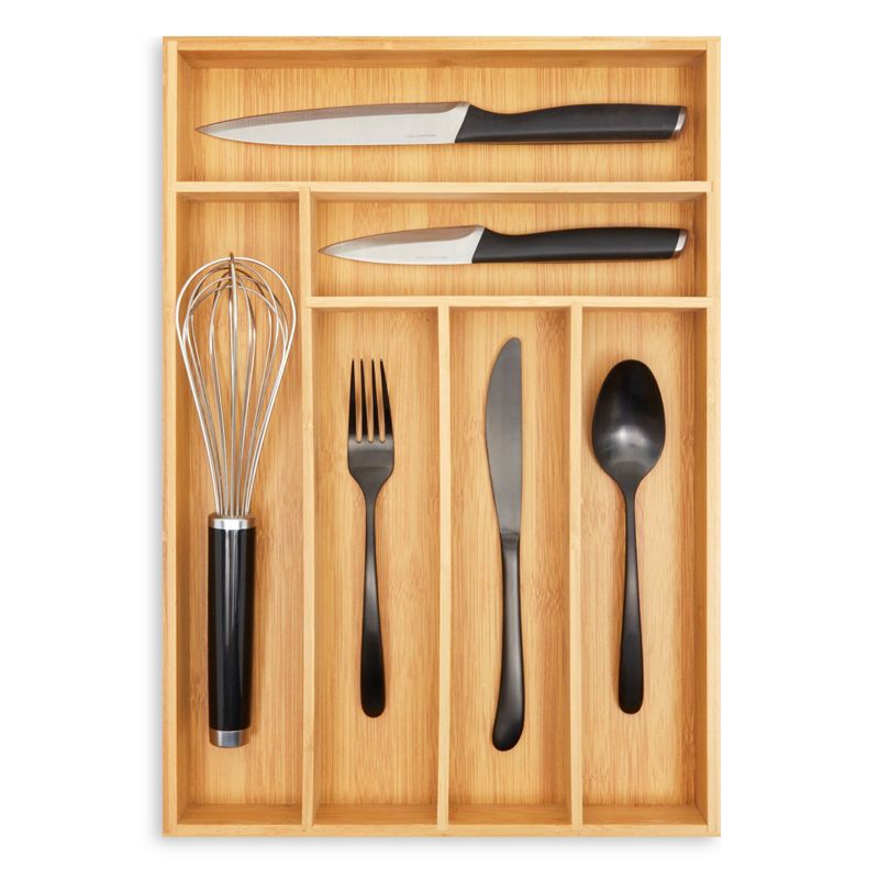 Juvale Bamboo Silverware Drawer Organizer, Wooden Cutlery Tray Holder for Kitchen, Flatware & Utensil Storage with 6 Slots, 17 x 11.75 x 1.75 Inches, 1 of 10
