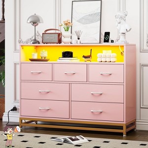 Jojoka 7 Drawer Wide Dresser with Power Outlets, Modern Bedroom Storage Cabinet with LED, Large Chest for Living Room, TV Stand, Pink - 1 of 4