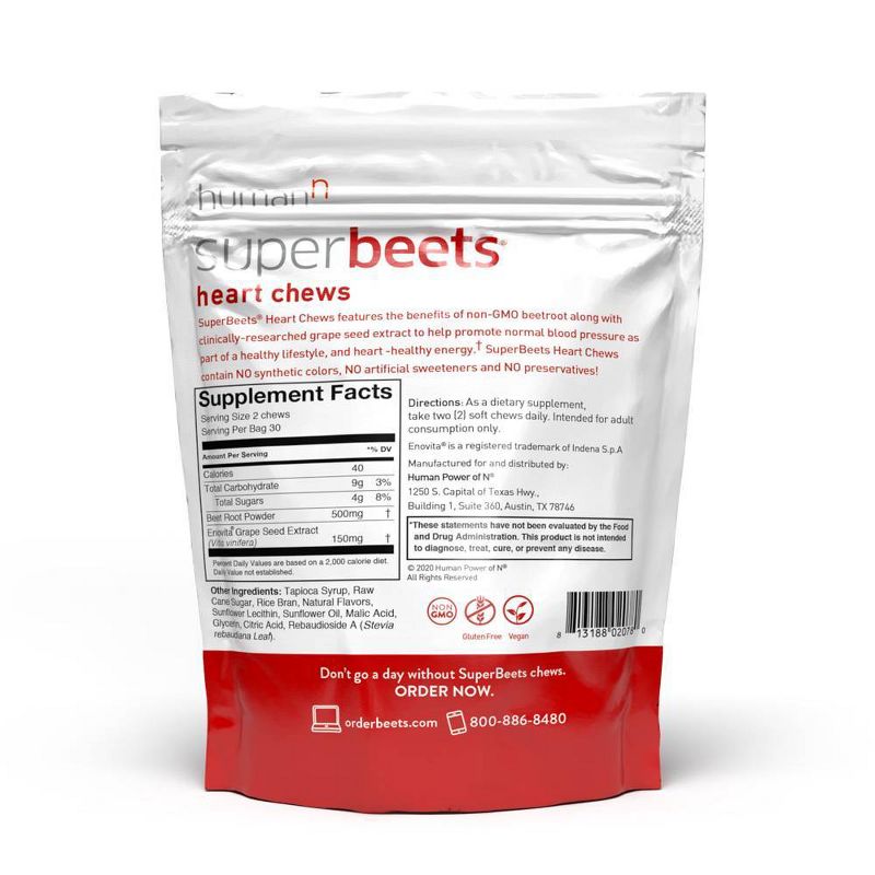 SuperBeets Heart Chews Vegan for Blood Pressure Support &#38; Heart Health - Pomegranate Berry - 60ct, 3 of 10