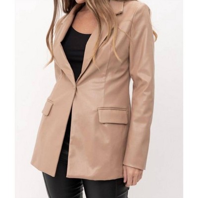 Women's Faux Leather Single Breasted Blazer - Tea & Cup