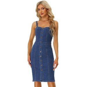 Allegra K Women's Button Down Sweetheart Neckline Sleeveless Summer Knee Length Denim Bodycon Sundress - 1 of 4