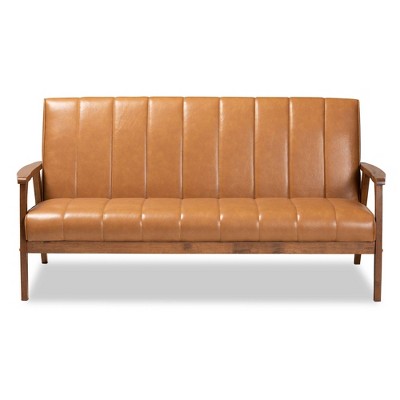 Nikko 64'' Walnut Brown Faux Leather Mid-Century Sofa