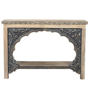 HomeRoots 56" Natural and Black Solid Wood Distressed Console Table With Shelf