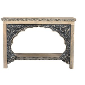 HomeRoots 56" Natural and Black Solid Wood Distressed Console Table With Shelf - 1 of 4
