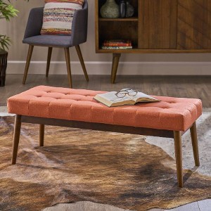 CAVINAS Mid-Century Tufted Ottoman Bench, Upholstered Fabric Accent Stool with Rubberwood Legs, Entryway Benches - 1 of 4