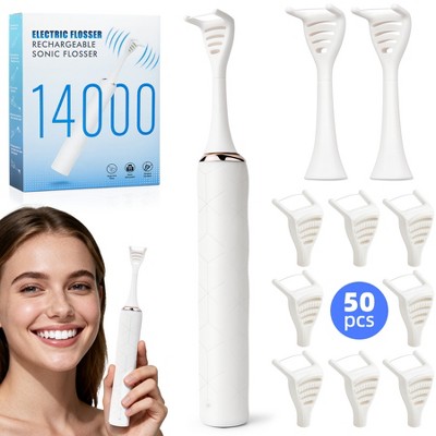 YEVYO Electric Flosser for Teeth - 140000 Ultra-High Frequency Dual-Line Flossing, Cleaning, Tongue Scraper, Gum Massager - Reusable Flossers, White
