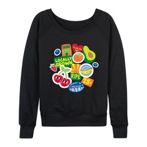 Women's - Instant Message - Fruit Stamps Lightweight French Terry Wide Neck Long Sleeve Graphic Shirt - 1 of 4