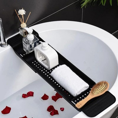 LunaLulinlk xpandable Drain Bath Shelf Caddy Tray Multifunctional Bathtub Organizer, Black