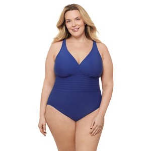 Aqua Green, Women's Surplice Trim Overlay One Piece - 1 of 3