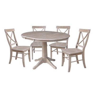 36&#34; Karen Round Extendable Dining Table with 4 X Back Chairs Taupe: Solid Wood, Pedestal Base - International Concepts