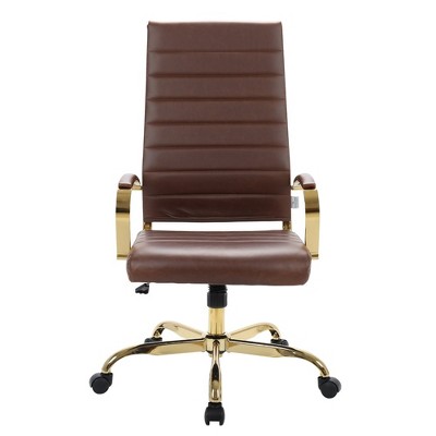 Benmar High-Back Brown Leather Swivel Office Chair with Gold Frame