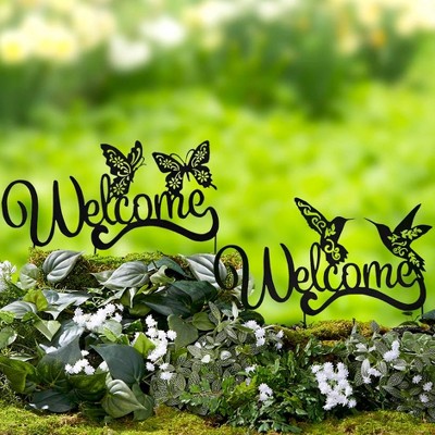 Black Metal Welcome Hummingbird Garden Stake