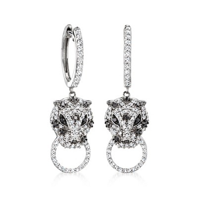 Ross-Simons 0.75 ct. t.w. Black and White Diamond Leopard Hoop Drop Earrings in Sterling Silver