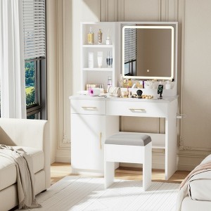 FONTOI 35.4"W Makeup Vanity Table Desk with Mirror Cabinet Drawers Shelves and Storage Stool for Bedroom Dressing Room, White, 35.43"*23.23"*8.46" - 1 of 4