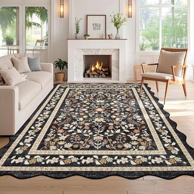 Garvee Boho Floral Area Rug Machine Washable Low Pile Soft Carpet for Living Room Scalloped Floral Runner Rug
