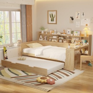 KTMBDW Twin/Full Size Daybed with Storage Shelves and Trundle Bed, Wooden Bed with Study Desk for Bedroom, Guest Room, No Boxing Spring Needed - 1 of 4
