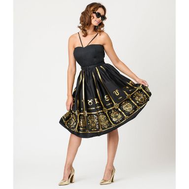 Unique Vintage Women's Sweetheart Halter Swing Dress Black Gold S/4 : Target
