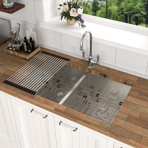 16 Gauge Stainless Steel 33x19 inch Undermount Double Bowl Kitchen Sink (60/40) with 9 Inch Deep Sink - 1 of 4