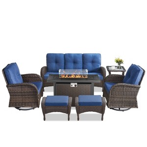 Buenhomino 7PCS Patio Conversation Set Brown Wicker Swivel Patio Chair Sofa Ottoman Set with Side Table and Fire Table PE Rattan Furniture Set - 1 of 4