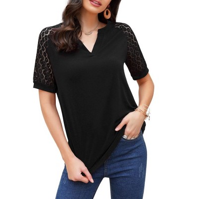 Women V Neck T Shirts Lace Short Sleeve Business Casual Dressy Crochet  Sleeve T Shirts Womens Short Sleeve Tunic Blouses - Black-1,s : Target