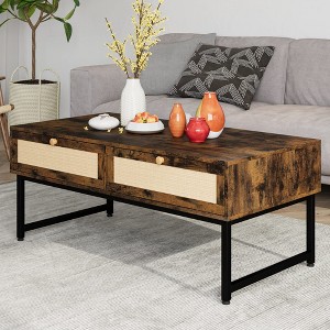GustoWave 45.6" Coffee Table, Mid Century Modern Center Table with 2 Rattan Drawers & Metal Frame for Living Room - 1 of 4