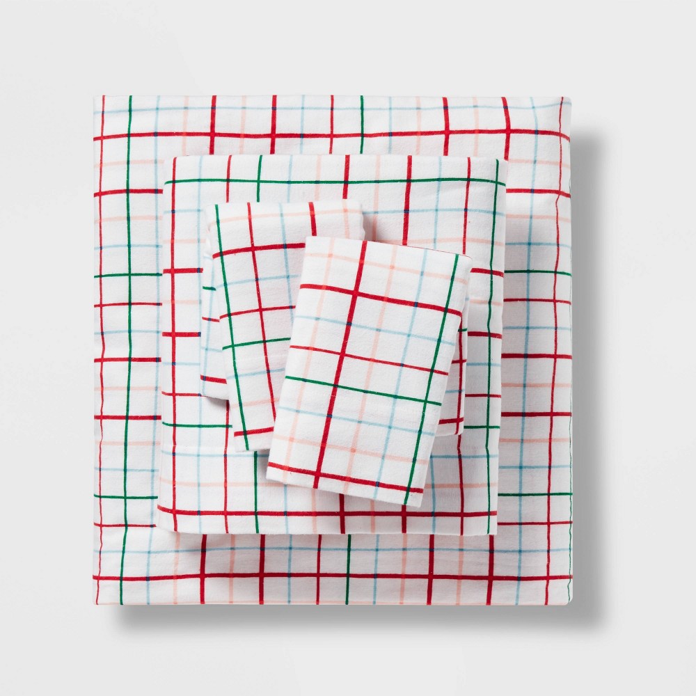 Queen Holiday Flannel Sheet Set Grid Print - Wondershop™