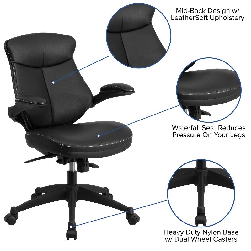 Flash Furniture Kale Mid-Back Black LeatherSoft Executive Swivel Ergonomic Office Chair with Back Angle Adjustment and Flip-Up Arms, 3 of 11
