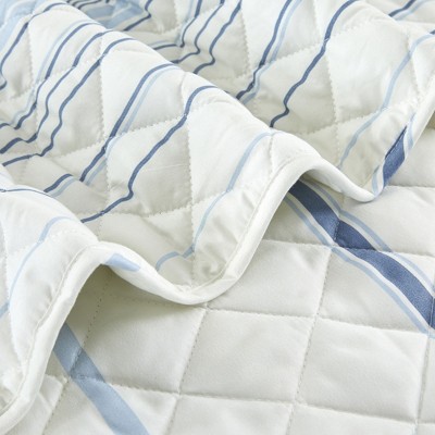 Sofia Ivory & Blue Striped Reversible Microfiber Quilt Set - Full/Queen