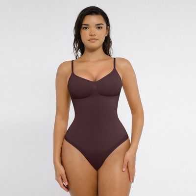 Feelingirl Women's Sculpt Seamless Thong Bodysuit Shapewear Dark Chocolate XS/S