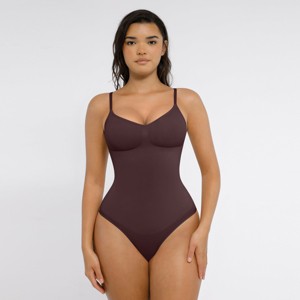 Feelingirl Women's Sculpt Seamless Thong Bodysuit Shapewear Dark Chocolate XS/S - 1 of 4