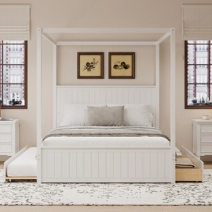 Queen Size 4 Poster Canopy Platform Bed with Trundle and 3 Drawers, Solid Wood Bed Frame with Headboard, No Box Spring Needed - ModernLuxe - 1 of 4