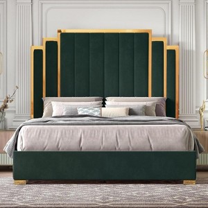 AMERLIFE Upholstered Bed, Modern Velvet Bed Frame with 61.4" Tall Gold Trim Headboard - 1 of 4