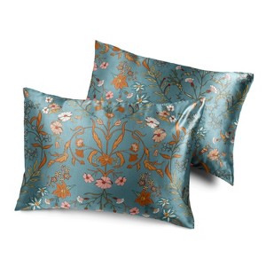 Sweet Jojo Designs Girl Decorative Satin Pillowcases Boho Floral Wildflower Blue Orange and Pink 2pc - 1 of 4