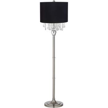 360 Lighting Modern Floor Lamp 62.5" Tall Satin Steel Chrome Crystal Chandelier Black Fabric Drum Shade for Living Room Reading Bedroom