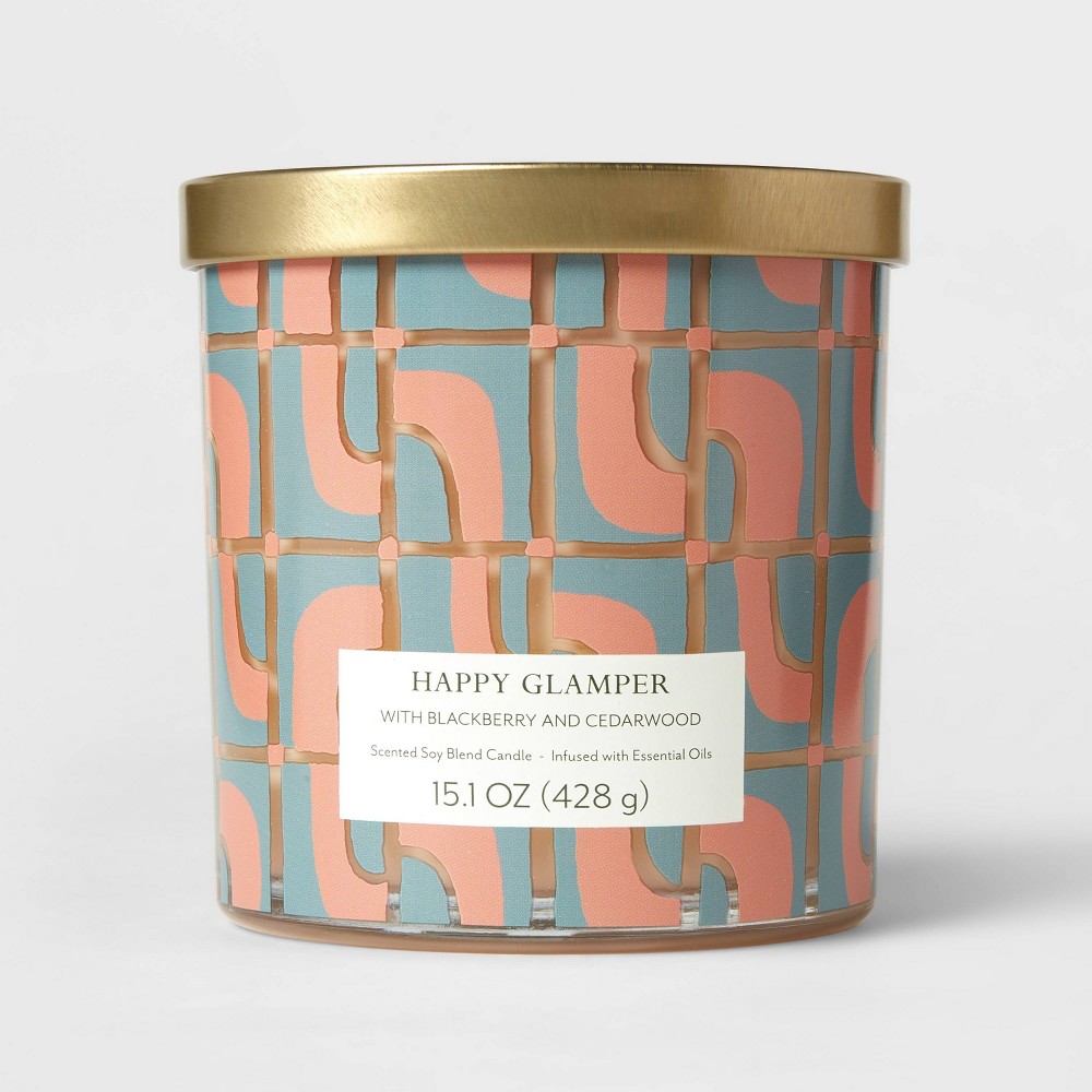 15oz Lidded Glass Jar 2-Wick Candle Graphic Grid Print Happy Glamper Dark Teal Green - Opalhouse