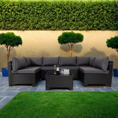 FURNIinspire Patio Seating Sets 7 Piece Outdoor Patio Furniture Sets, Modern Wicker Sectional Sofa With Coffee Table And Gray Seat Cushion , Black