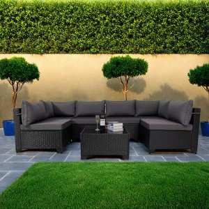 FURNIinspire Patio Seating Sets 7 Piece Outdoor Patio Furniture Sets, Modern Wicker Sectional Sofa With Coffee Table And Gray Seat Cushion , Black - 1 of 4