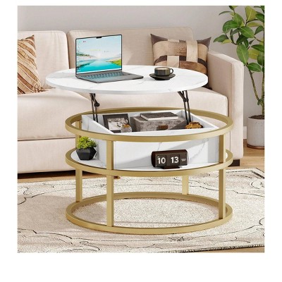 2 Tier Round Lift Top Coffee Table With Hidden Storage Compartment Home For Office Living Room Modern White